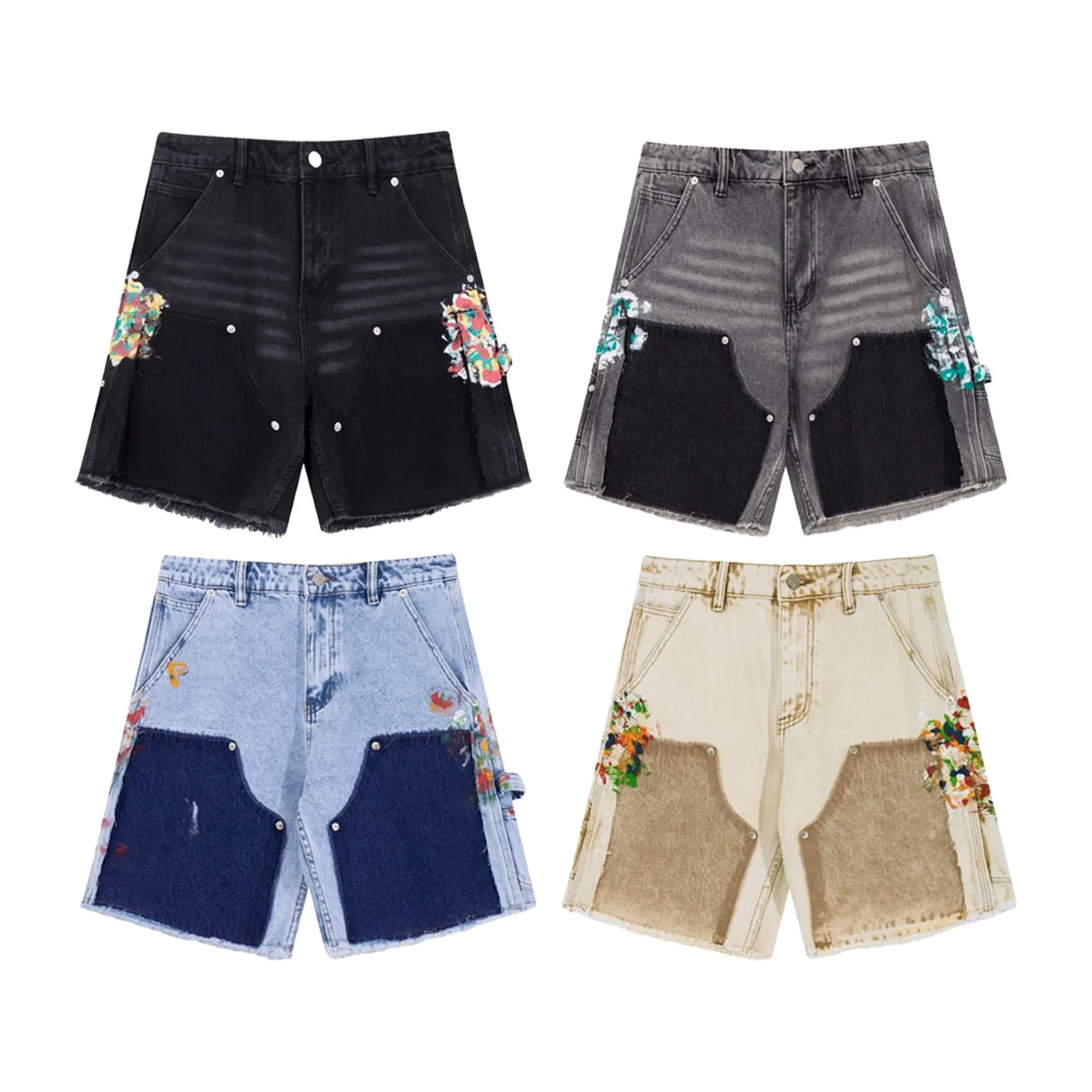 668#Gallery Dept New Splashed Ink Splashed Paint Logging Pants Spliced ​​Cargo Pants Washed Jeans Shorts Beautiful Trendy Five-Fifth Pants Versatile Casual Pants Blue Black Gray Khaki S~XL P250